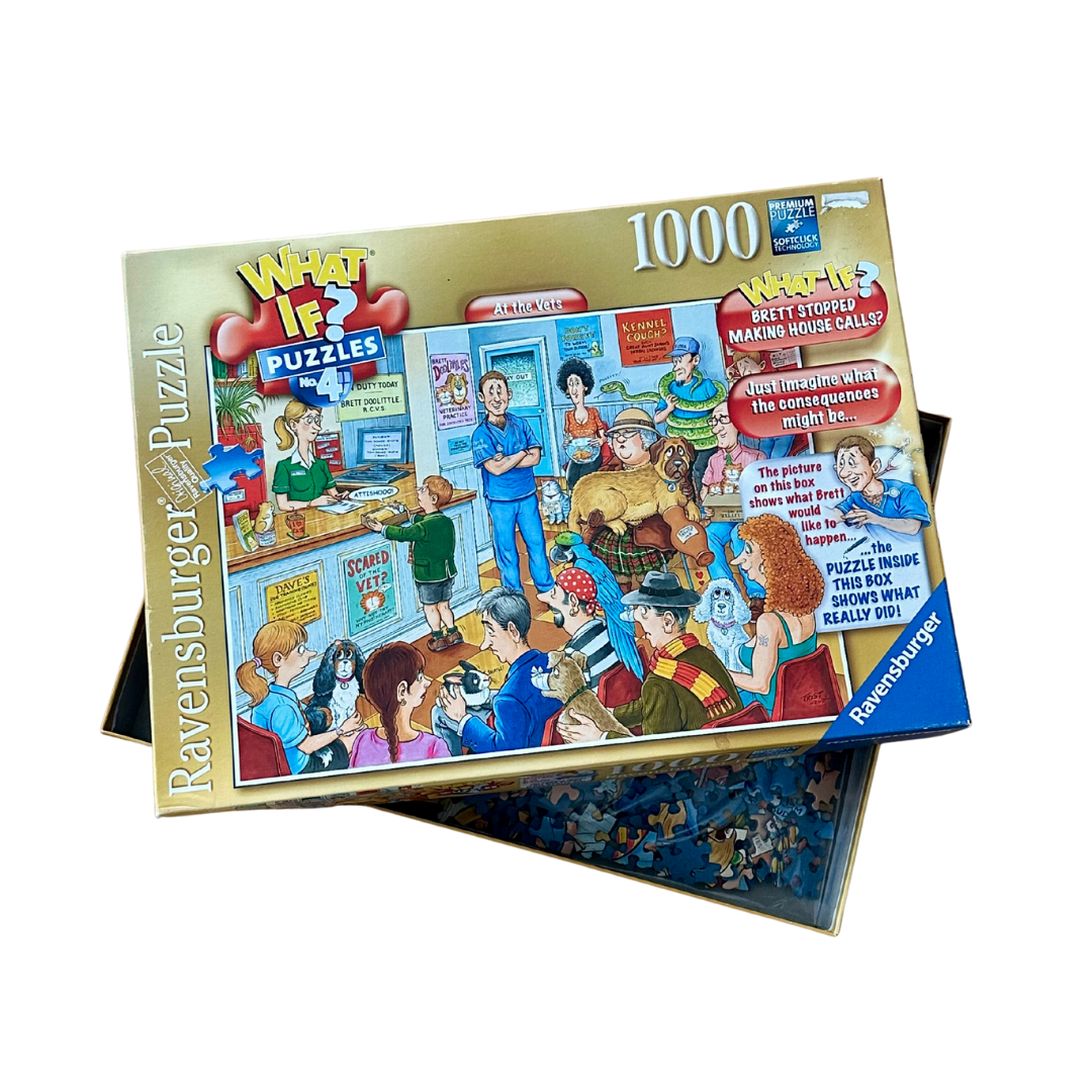 Ravensburger 1000-puzzle box with colorful illustration of a store scene and 'What If?' text.
