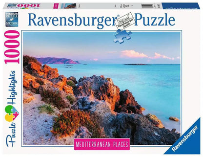 Ravensburger 1000-piece puzzle box with a scenic view of a beach and rocks.