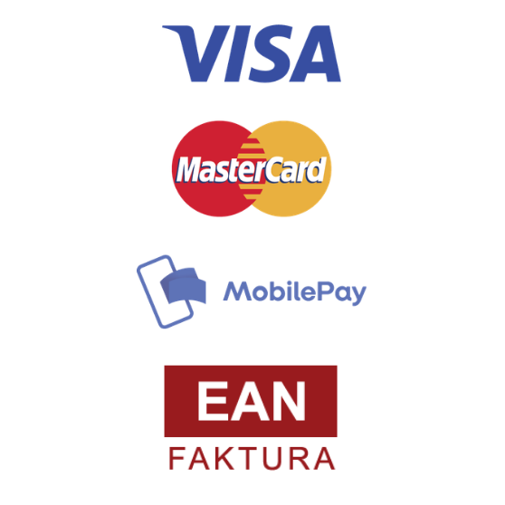 Logos of Visa, MasterCard, MobilePay, and EAN Faktura.