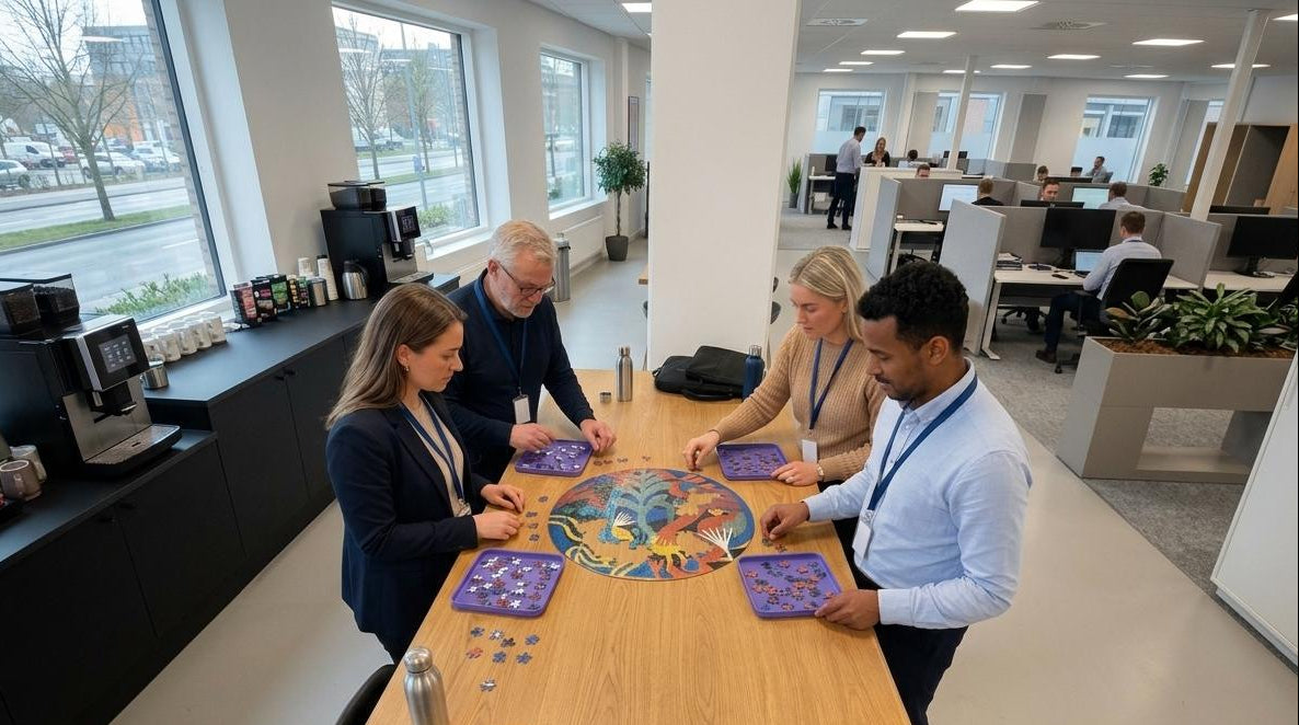 Four people completing a jigsaw puzzle together in an office setting.